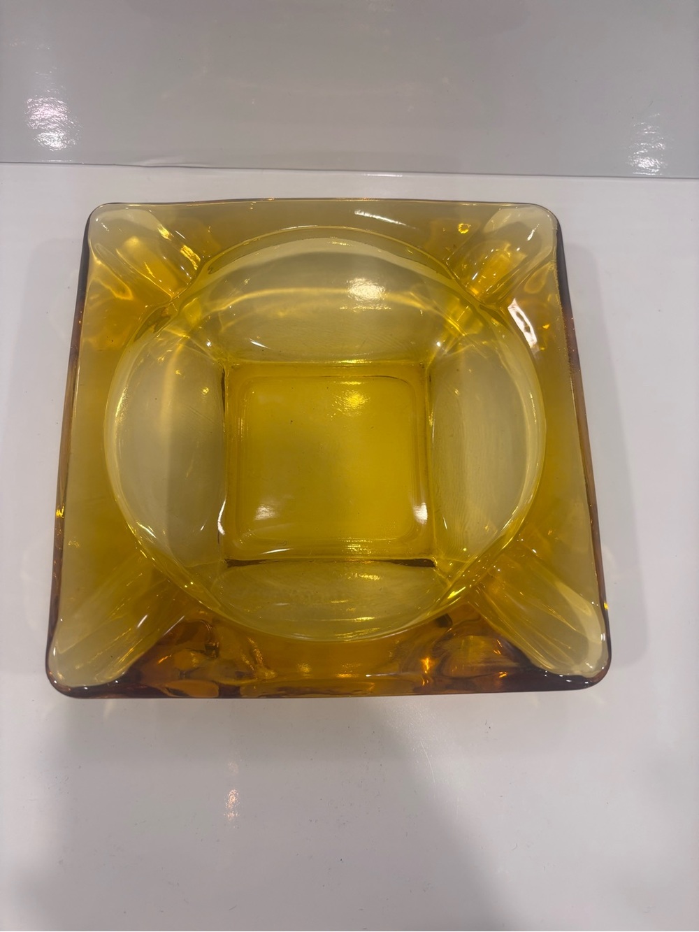 Vintage Yellow Amber Glass Ashtray Cigar Mid Century Modern Heavy Retro 6 inch